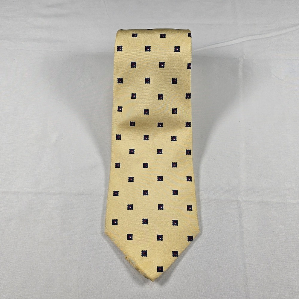 Silk Tie Christian Dior Mens Yellow‎ Navy Red Geometric Medallion Made in USA